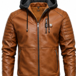 Tan Leather Hooded Biker Jacket