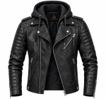 Black Leather Asymmetric Biker Jacket with Detachable Hood