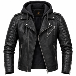 Black Leather Asymmetric Biker Jacket with Detachable Hood