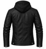Black Leather Asymmetric Biker Jacket with Detachable Hood - Image 2