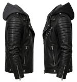 Black Leather Asymmetric Biker Jacket with Detachable Hood - Image 3