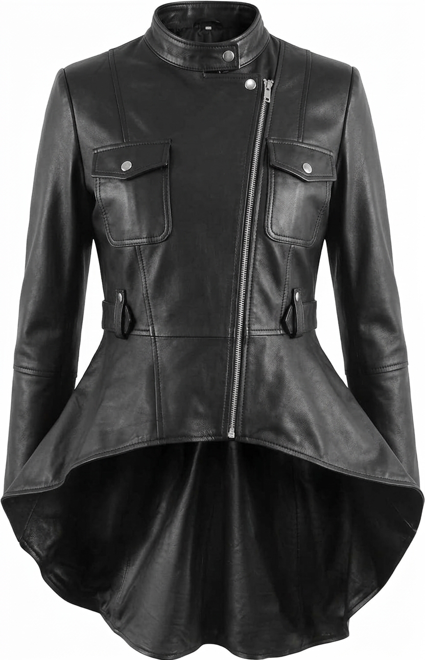 black long coat Black Leather Asymmetric Peplum Jacket - Image 1