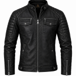 Black Quilted Leather Cafe Racer Jacket