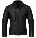Black Quilted Leather Cafe Racer Jacket