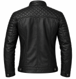 Black Quilted Leather Cafe Racer Jacket - Image 2
