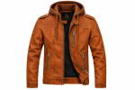 Cognac Leather Hooded Biker Jacket