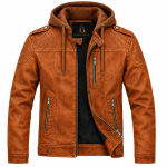Cognac Leather Hooded Biker Jacket