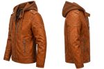 Cognac Leather Hooded Biker Jacket - Image 2