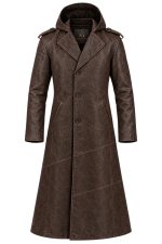 Dark Brown Hooded Long Leather Coat