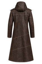 Dark Brown Hooded Long Leather Coat - Image 3