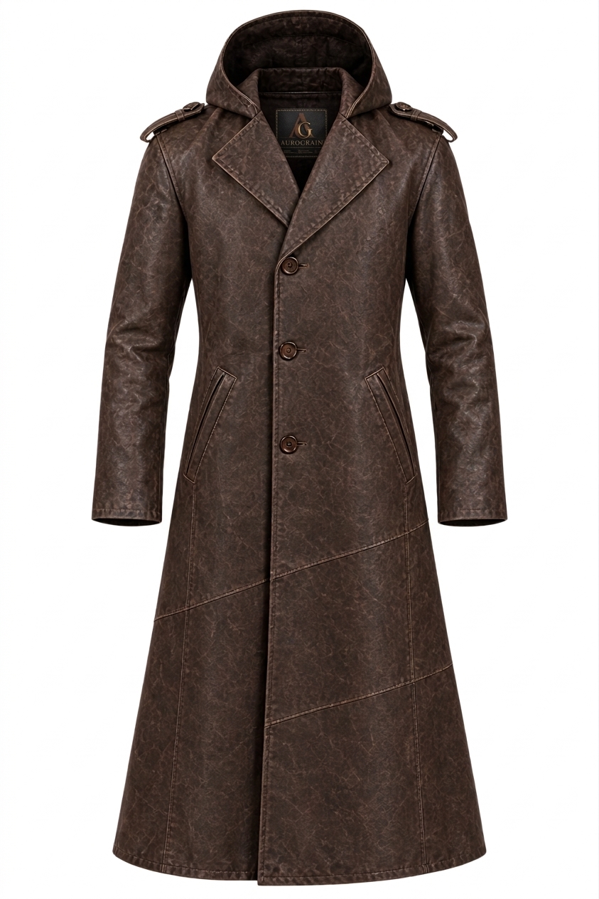 dark-brown-hooded-long-leather-coat Dark Brown Hooded Long Leather Coat - Image 1