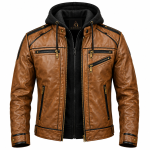 Tan Leather Hooded Moto Jacket with Black Piping