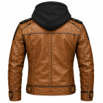 Tan Leather Hooded Moto Jacket with Black Piping - Image 2