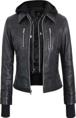 Women’s Black Hooded Leather Jacket