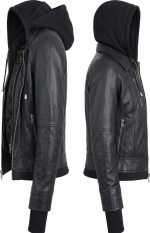 Women’s Black Hooded Leather Jacket - Image 3